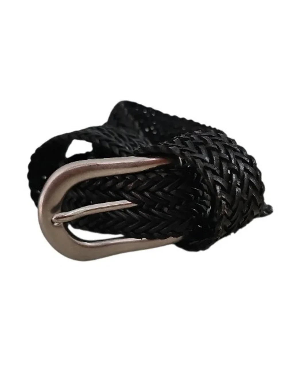 Dockers Braided Leather Belt Women M Black Woven Full Grain Brass Buckle